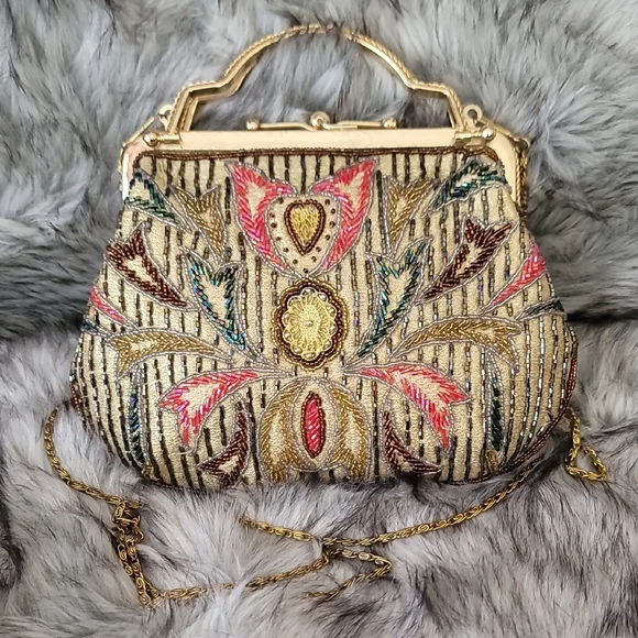 Gold and Multicolor Beaded Women's Clutch With Crossbody Chain - Picture 13 of 13